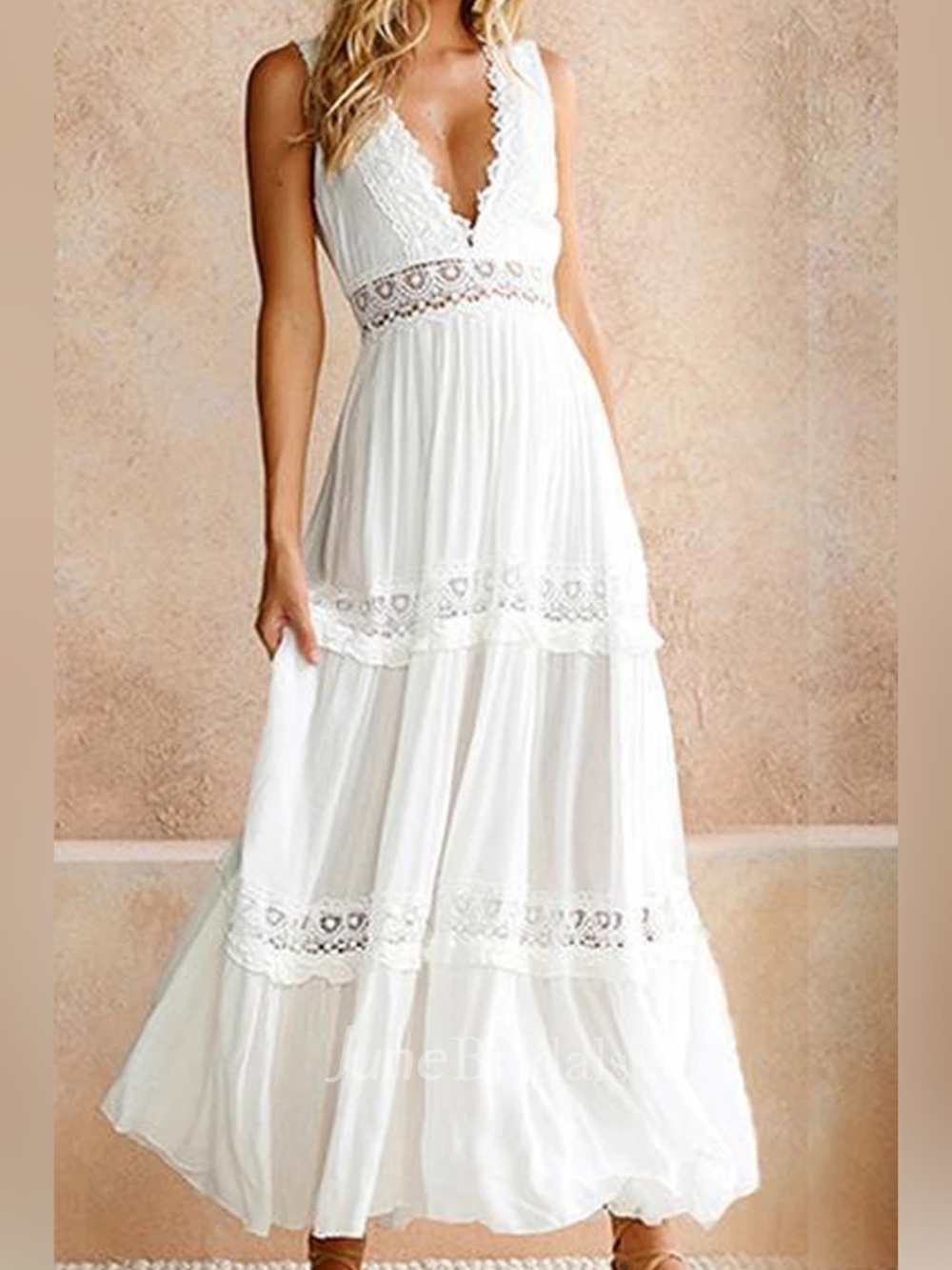 NWT Bohemian Summer Wedding Dress Sleeveless V-Neck Lace/Crochet
